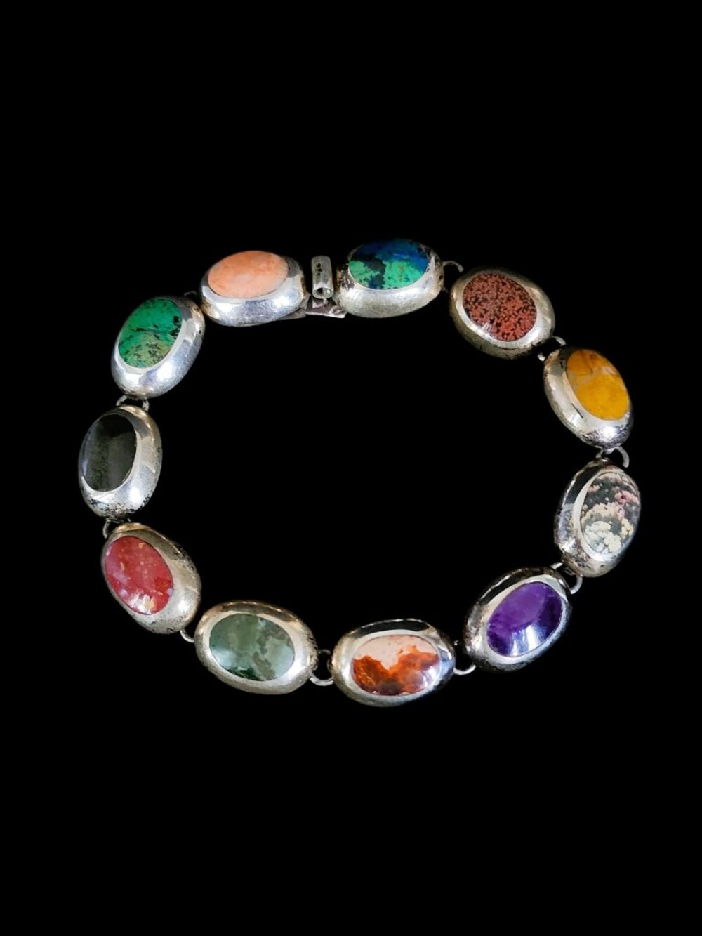 Vtg 1970s 925 Taxco FM Sterling Silver Multi Gemstone Link Bracelet 7.5”